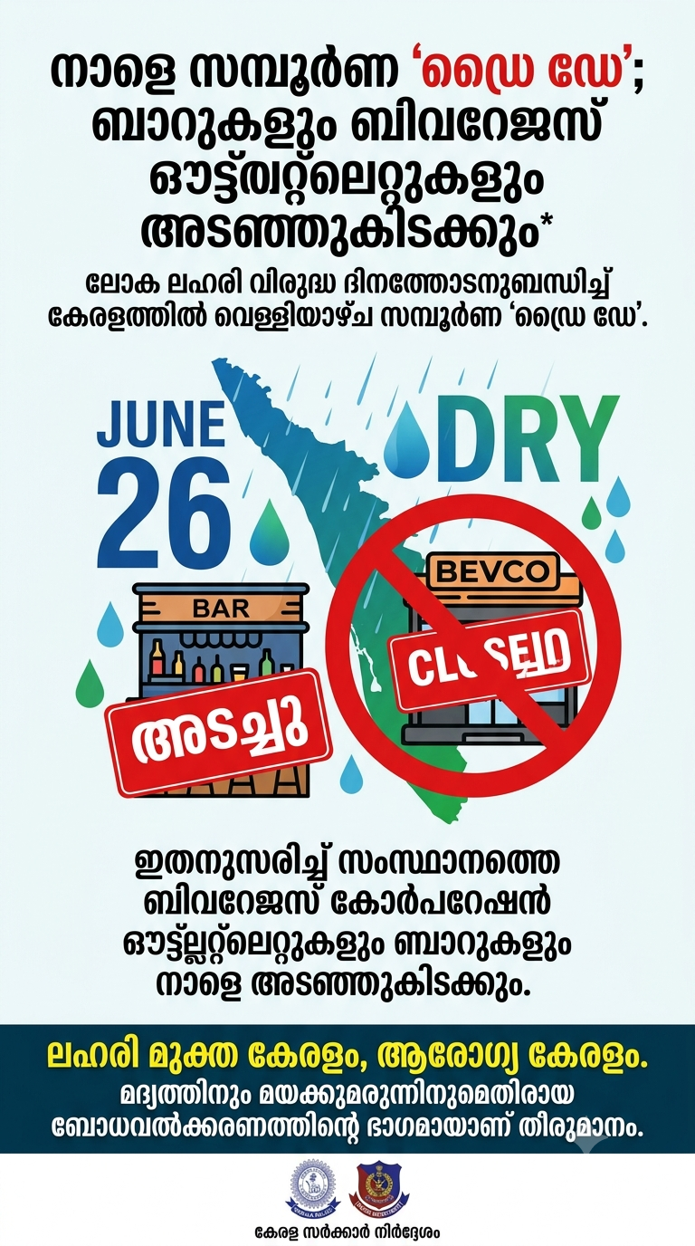 നാളെ സംസ്ഥാനത്ത് സമ്പൂർണ ‘ഡ്രൈ ഡേ’; ബാറുകളും ബിവറേജസ് ഔട്ട്‌ലറ്റുകളും അടഞ്ഞുകിടക്കും
